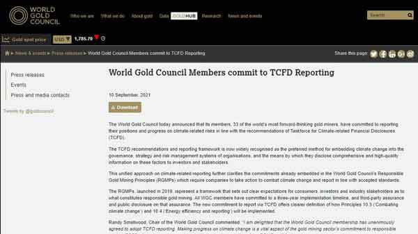 Zijin Mining as Member of the World Gold Council Committed to TCFD Reporting Standards