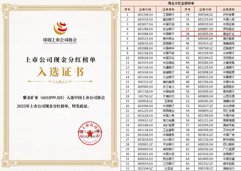 Zijin Mining Ranks 38th among China’s A-Share Listed Companies by 2024 Cash Dividend Payouts